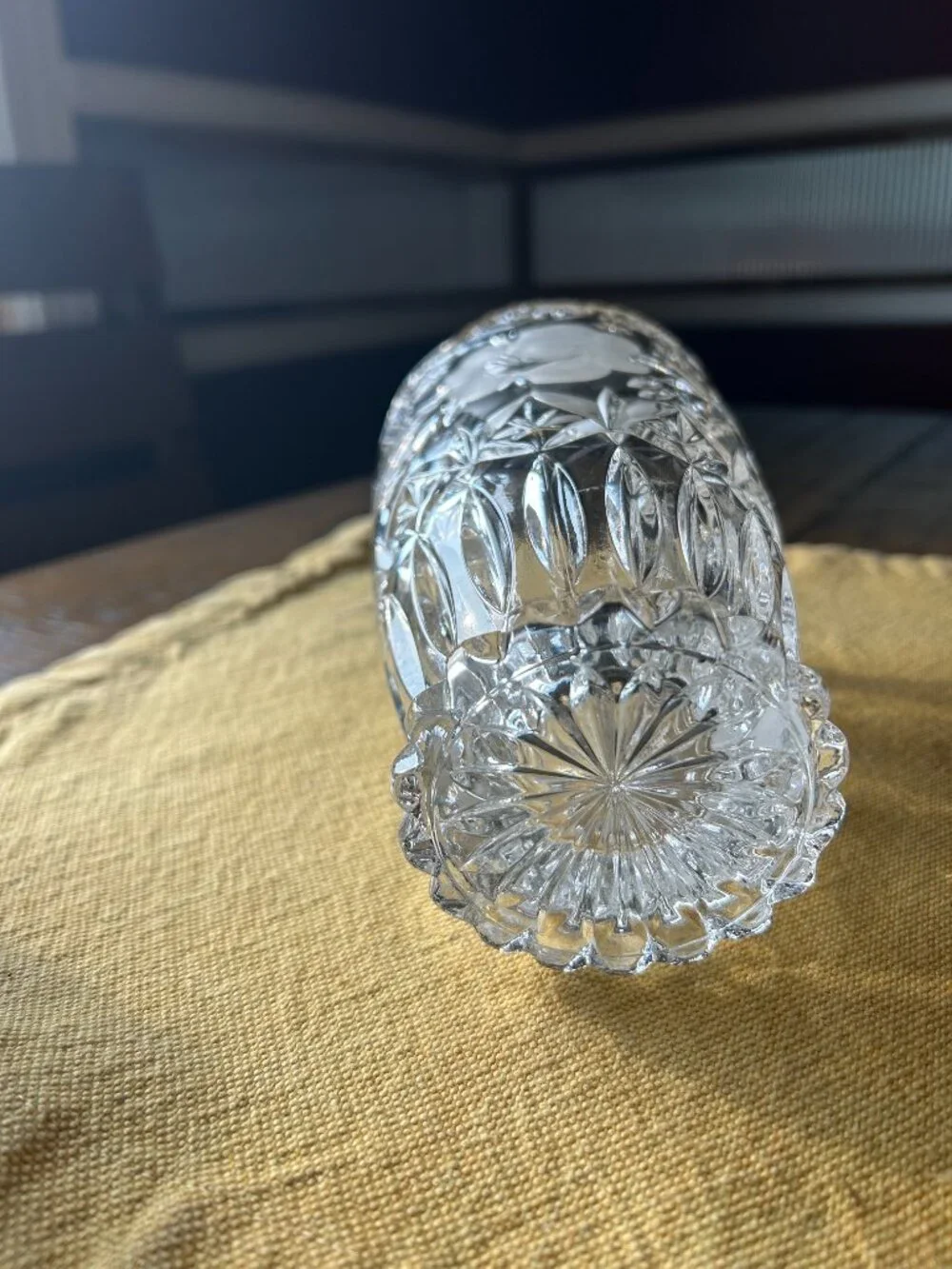 Vintage  Cut & etched full lead crystal  vase featuring sawtooth rim & frosted f
